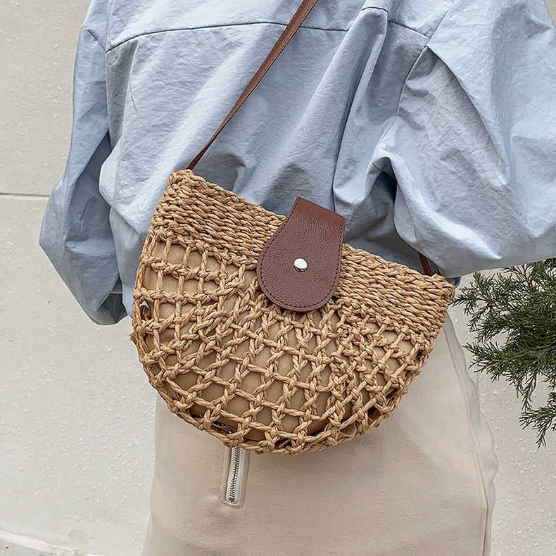 Sac à Main Femme en Osier Élégant avec Poche Intérieure – Sac Bandoulière Pratique en Paille et Cuir