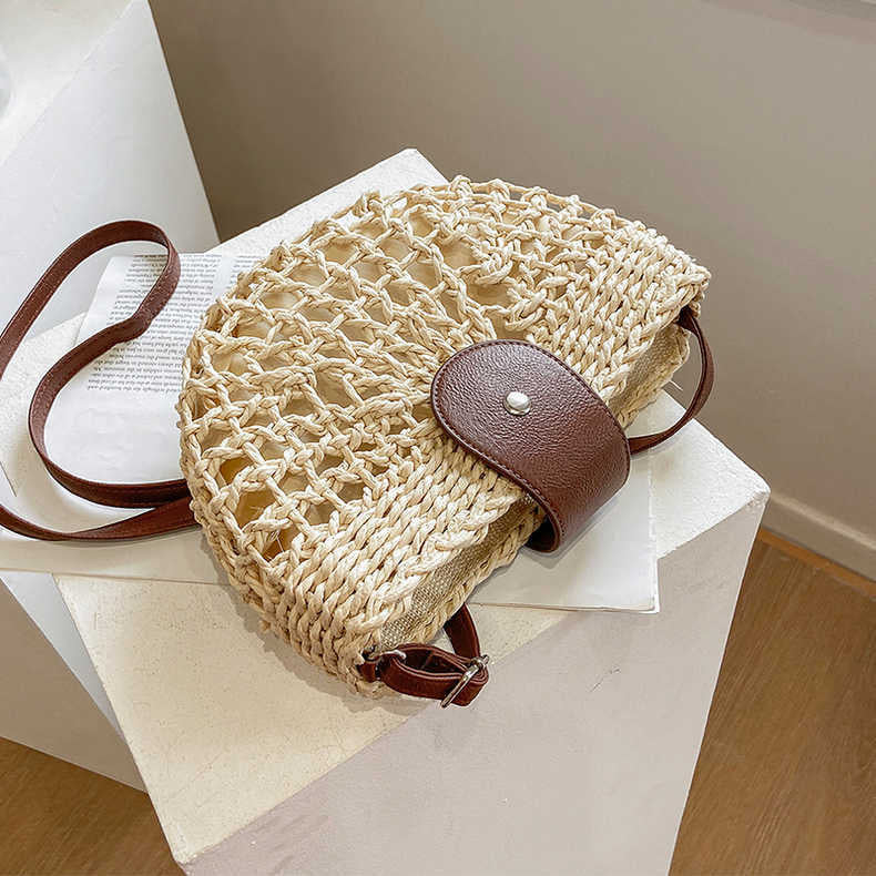 Sac à Main Femme en Osier Élégant avec Poche Intérieure – Sac Bandoulière Pratique en Paille et Cuir