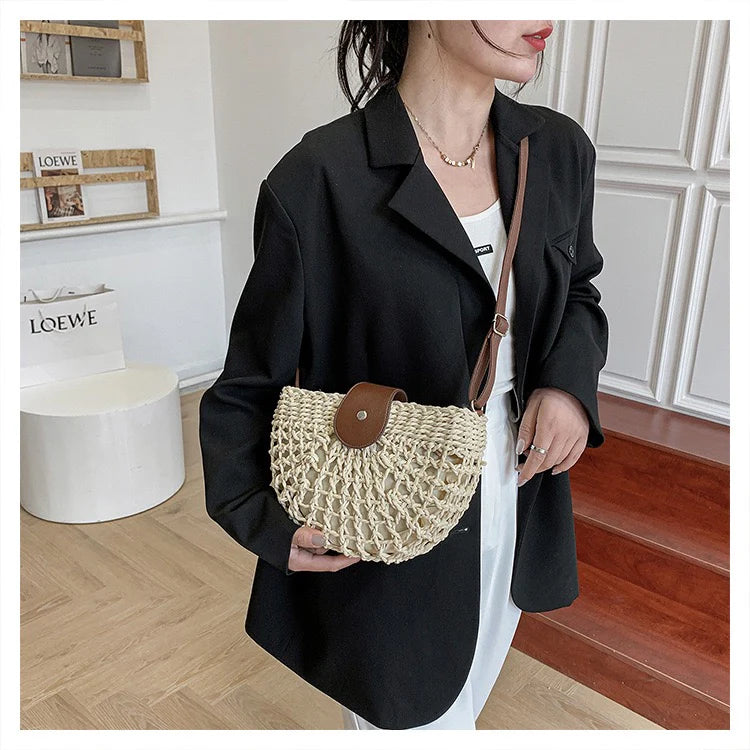 Sac à Main Femme en Osier Élégant avec Poche Intérieure – Sac Bandoulière Pratique en Paille et Cuir