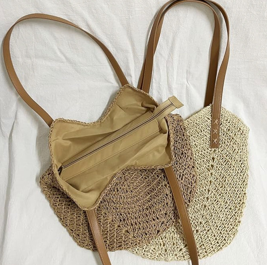 Sac d'Été Femme en Paille Tressée avec Bandoulière en Cuir – Sac d'Été Pratique et Élégant pour Sorties et Plage