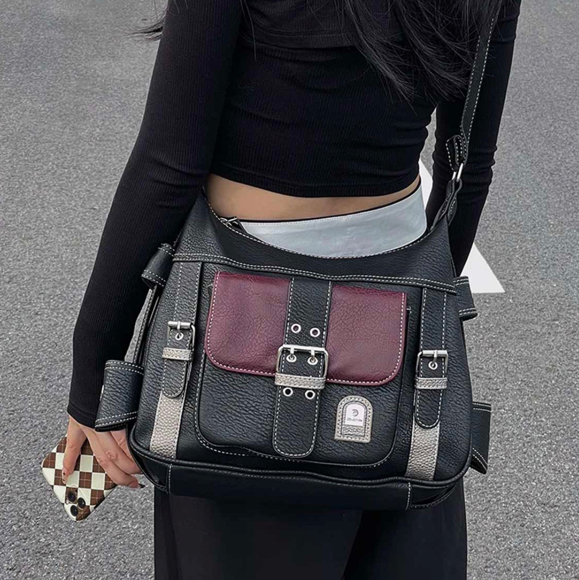 Sac à Main Femme Y2K en Cuir PU avec Bandoulière Réglable – Design Vintage Élégant Noir et Bordeaux