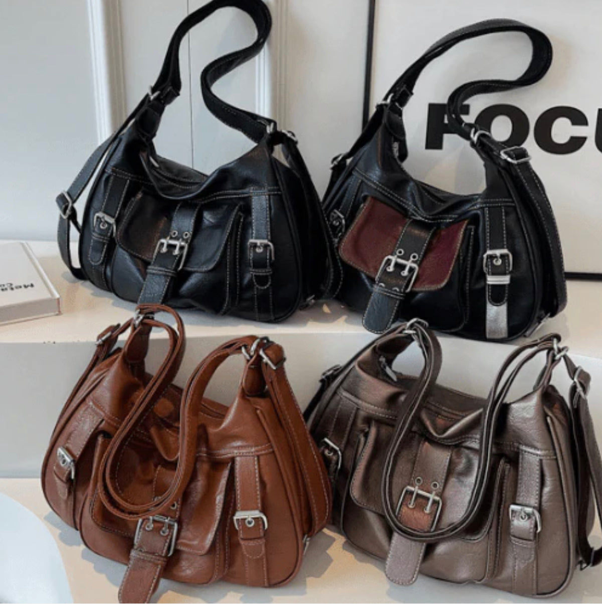 Women's Y2K Handbag in PU Leather with Adjustable Shoulder Strap – Elegant Vintage Design Black and Burgundy