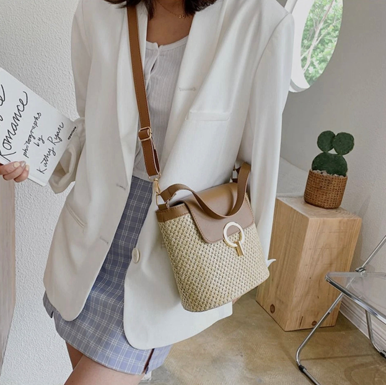 Sac à Main en Paille Bandoulière Femme – Tendance Bohème Chic, Idéal pour l'Été, Avec Poche Intérieure et Fermeture Sécurisée