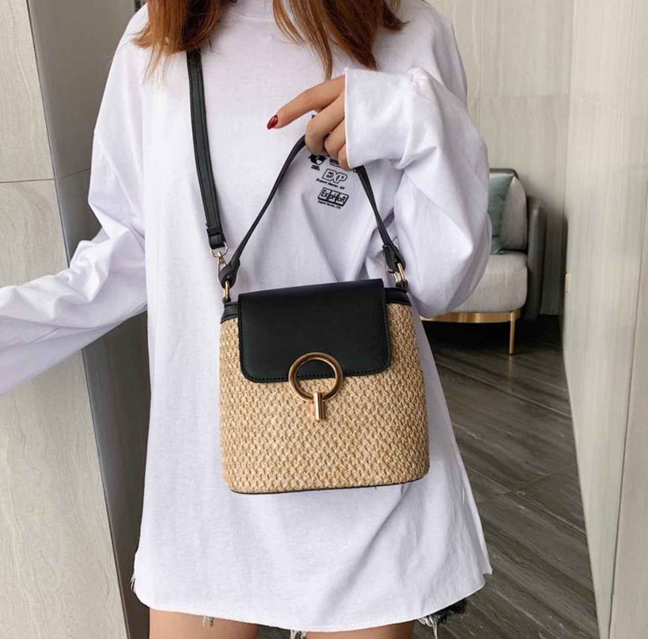 Sac à Main en Paille Bandoulière Femme – Tendance Bohème Chic, Idéal pour l'Été, Avec Poche Intérieure et Fermeture Sécurisée