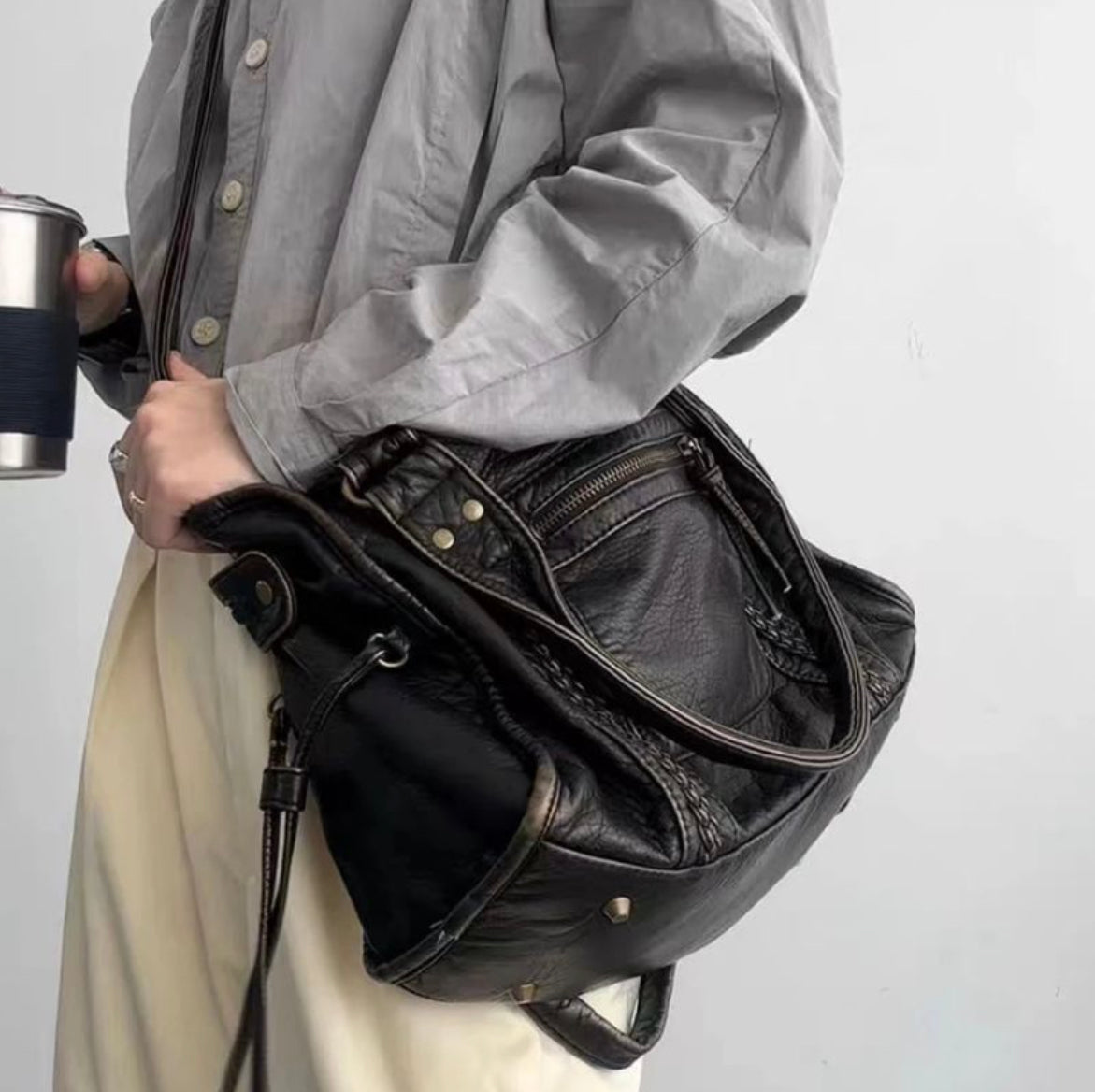Vintage Y2K PU Leather Handbag for Women - Large Tote Bag with Adjustable Shoulder Strap - Stylish and Practical Style