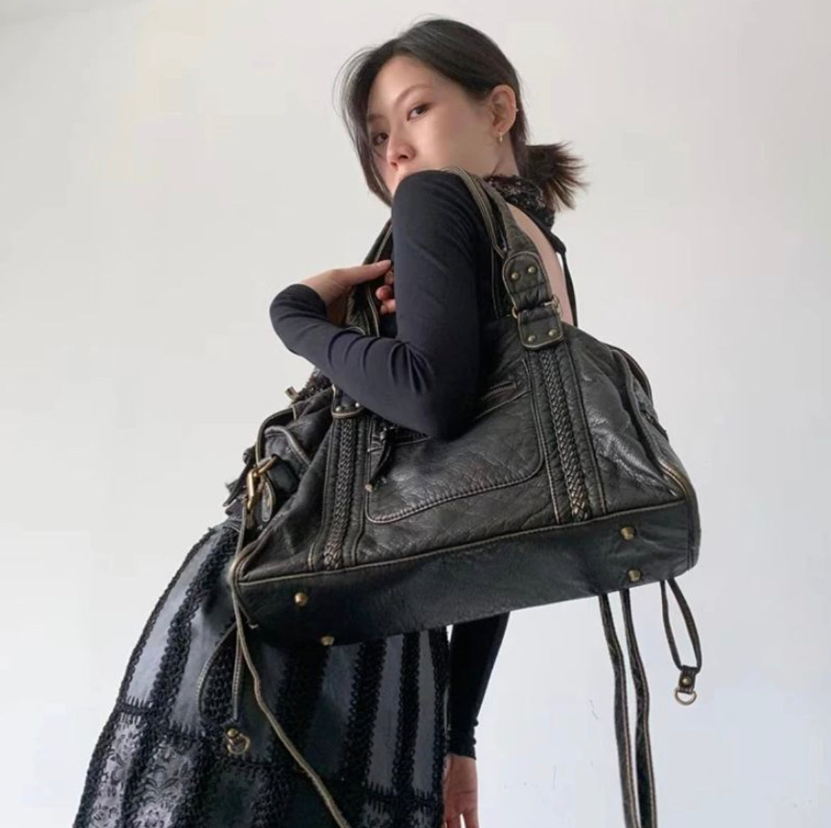 Vintage Y2K PU Leather Handbag for Women - Large Tote Bag with Adjustable Shoulder Strap - Stylish and Practical Style