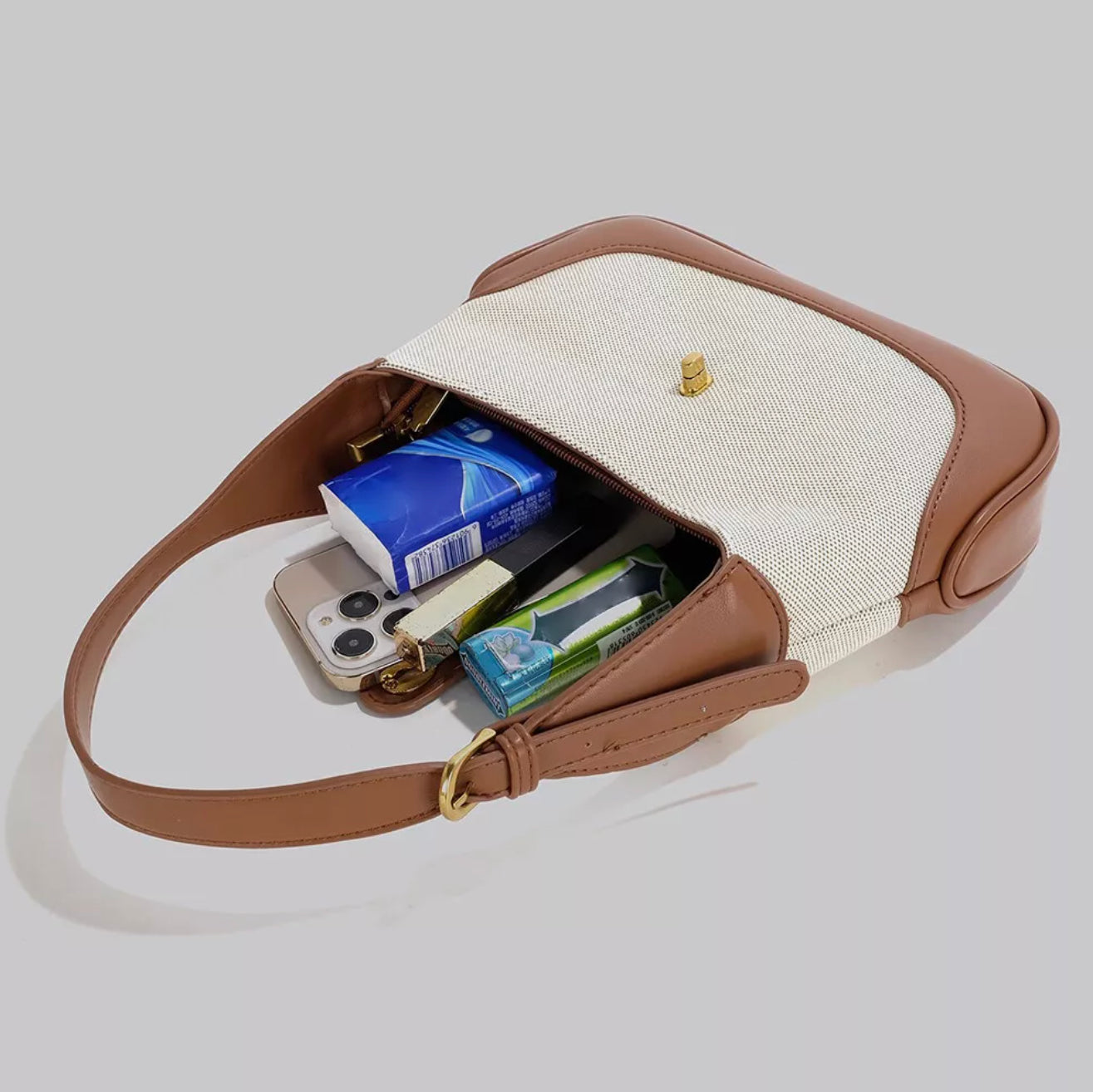 Sac à Épaule Femme Dalia Bi-Ton en Toile Texturée avec Finitions en Cuir Végan et Bandoulière Ajustable – 26 x 7 x 16 cm