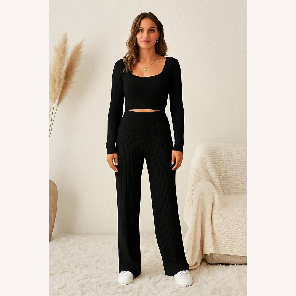 Ensemble Lounge Côtelé 2 Pièces Femme – Top Court Manches Longues et Pantalon Large Taille Haute Beige
