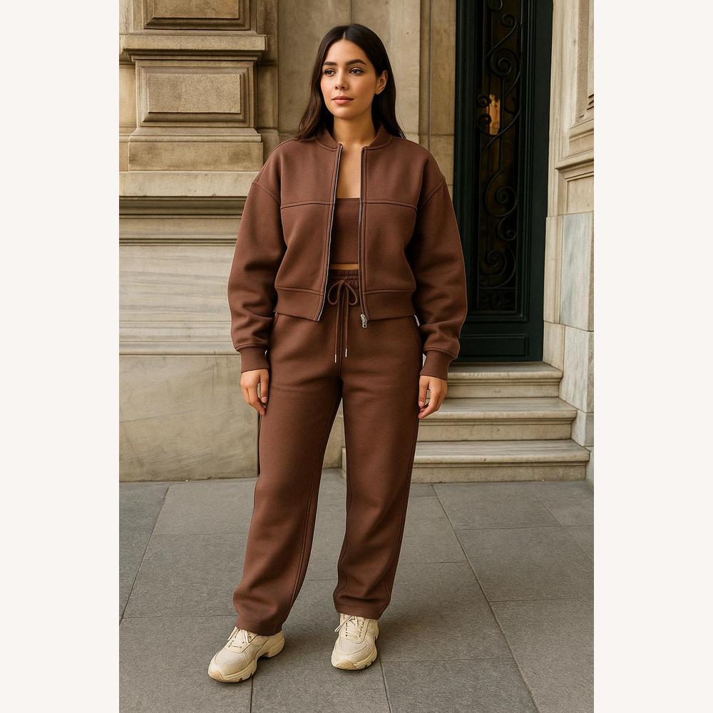 Ensemble Décontracté Femme Oversize en Coton-Polyester avec Veste Zippée et Pantalon Large – Gris, Beige, Marron