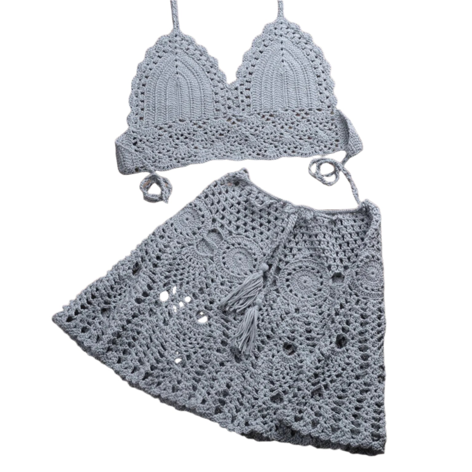 Ensemble de Bikini au Crochet Boho avec Jupe Plissée en Coton – Élégance d'Été pour Femme