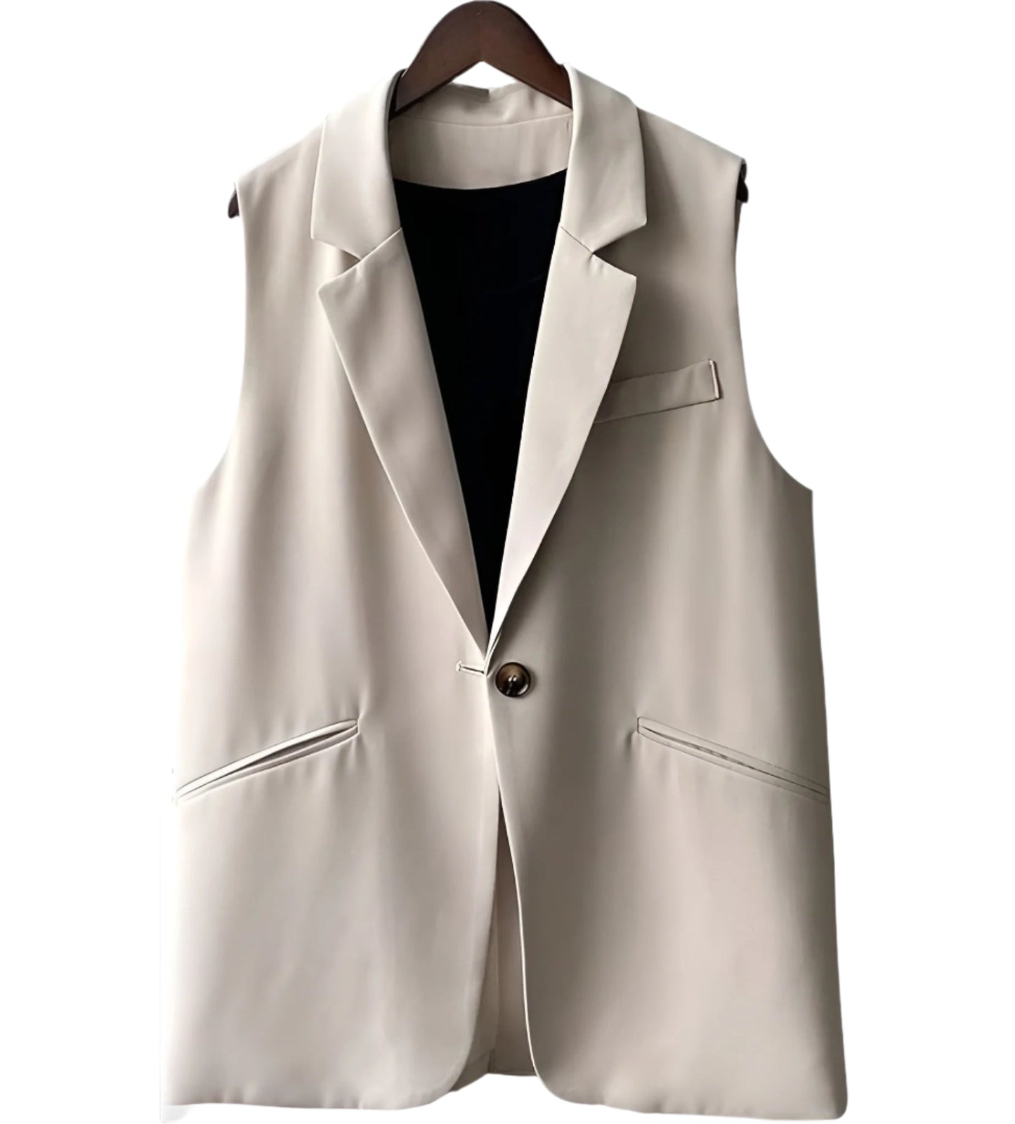 Elegant Sleeveless Women's Blazer in Polyester - Chic Minimalist Black Blazer Jacket, Fitted and Modern Cut