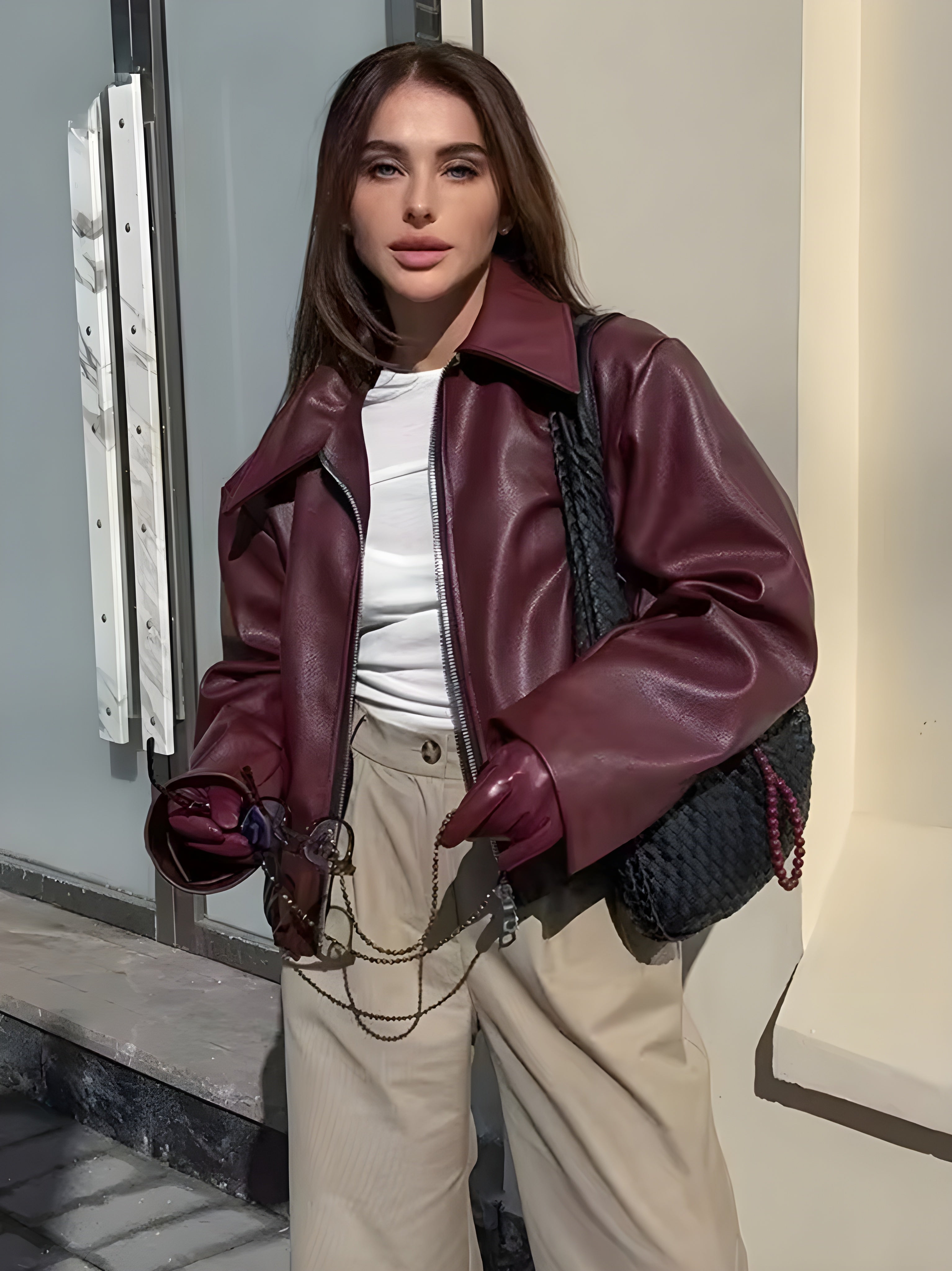 Veste Femme Zippée Rouge Bordeaux Taille M Similicuir