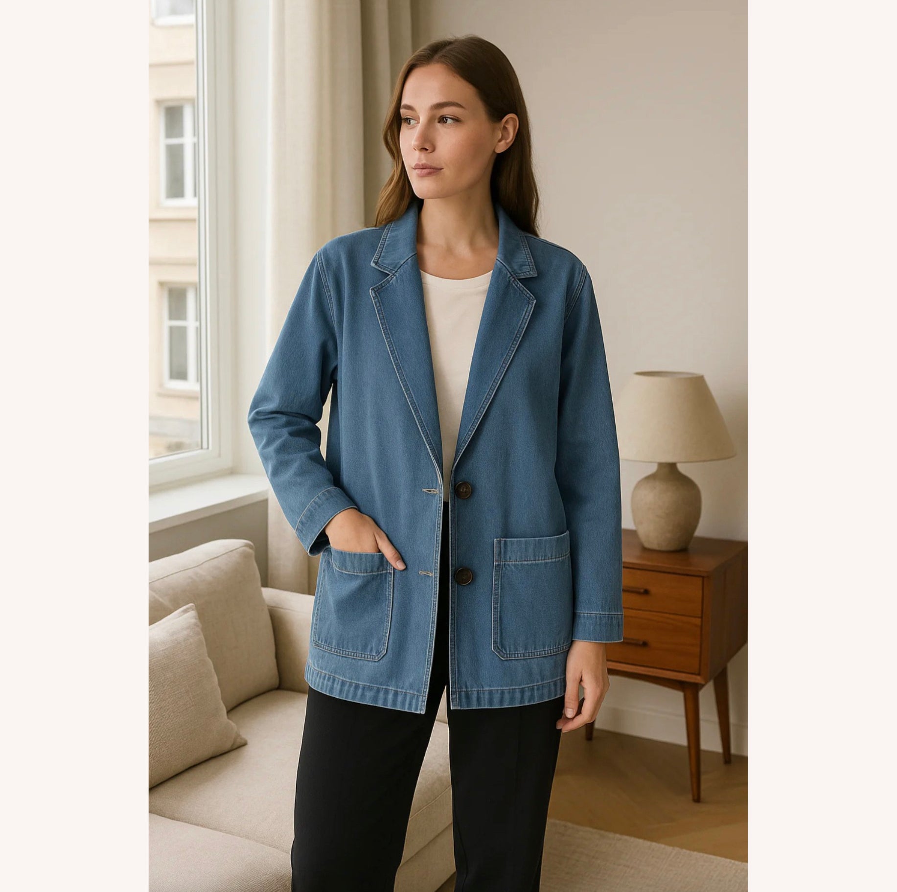 Veste Blazer Femme Jean Bleu Taille M 100% Coton Décontractée