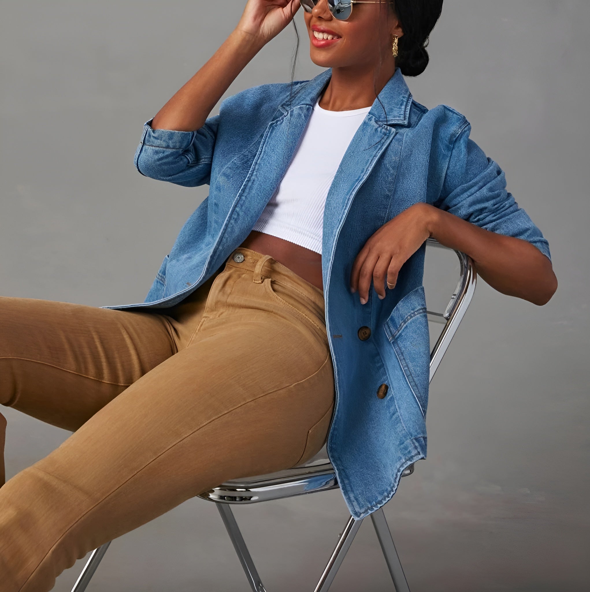 Veste Blazer Femme Jean Bleu Taille M 100% Coton Décontractée