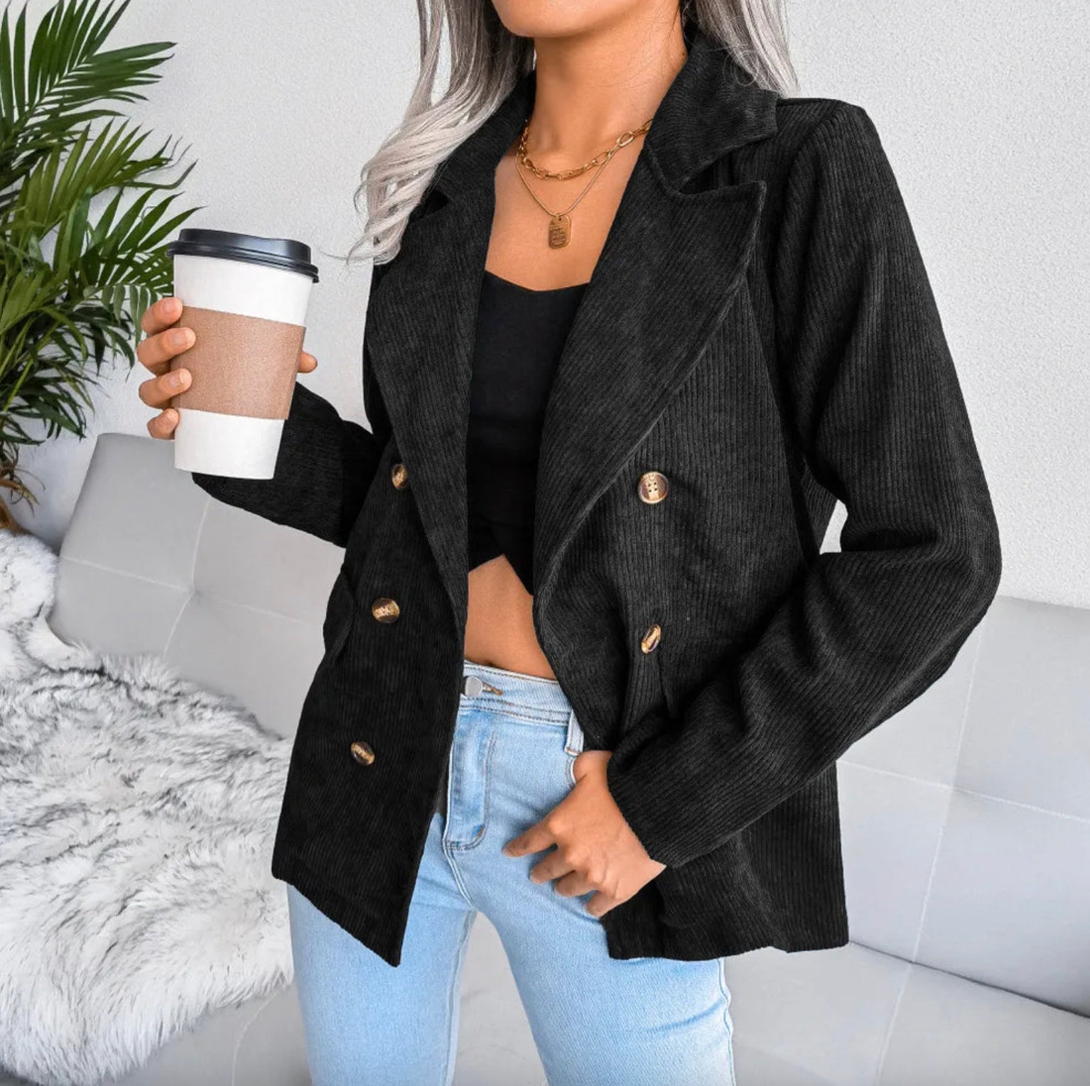 Blazer Homme en Velours Côtelé Noir à Double Boutonnage – Élégant et Décontracté pour Toutes Occasions