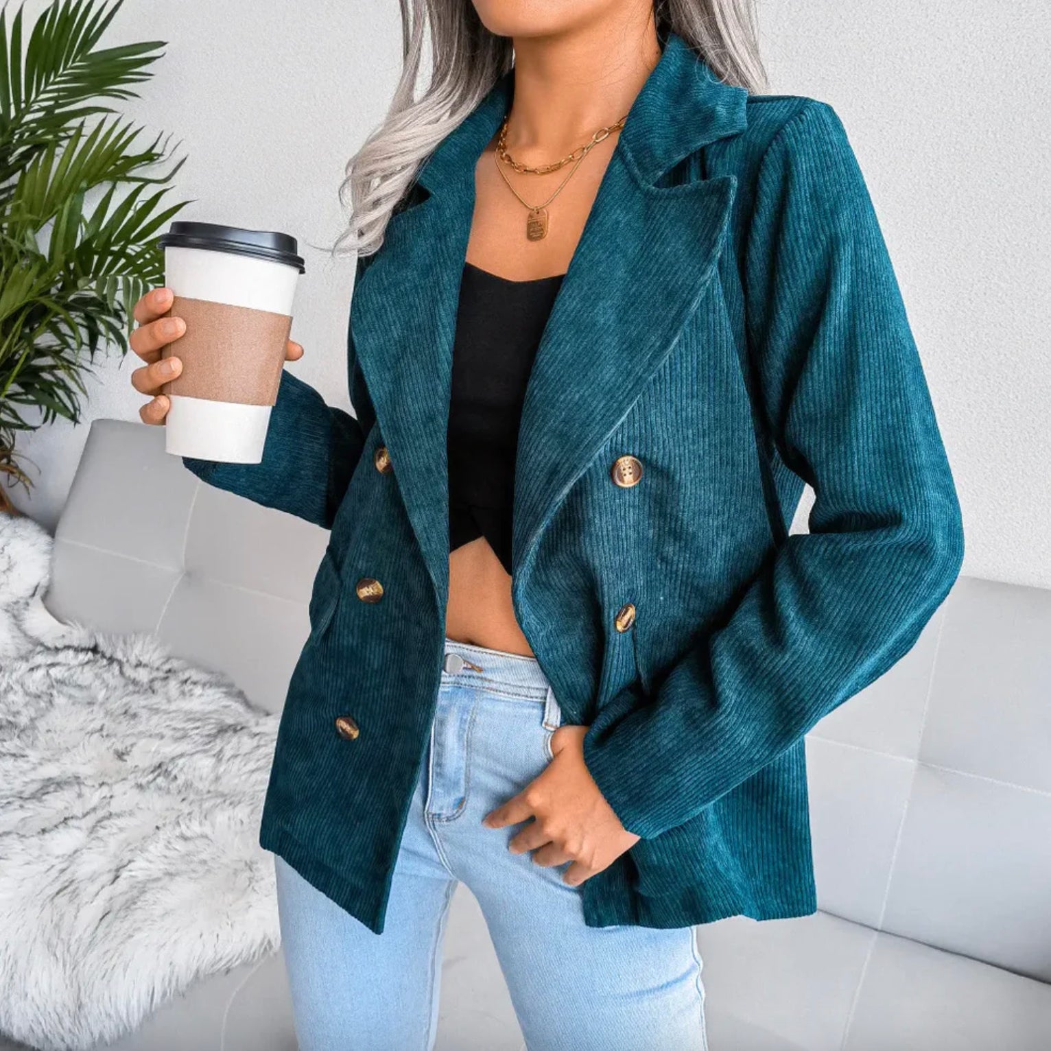 Blazer Homme en Velours Côtelé Noir à Double Boutonnage – Élégant et Décontracté pour Toutes Occasions