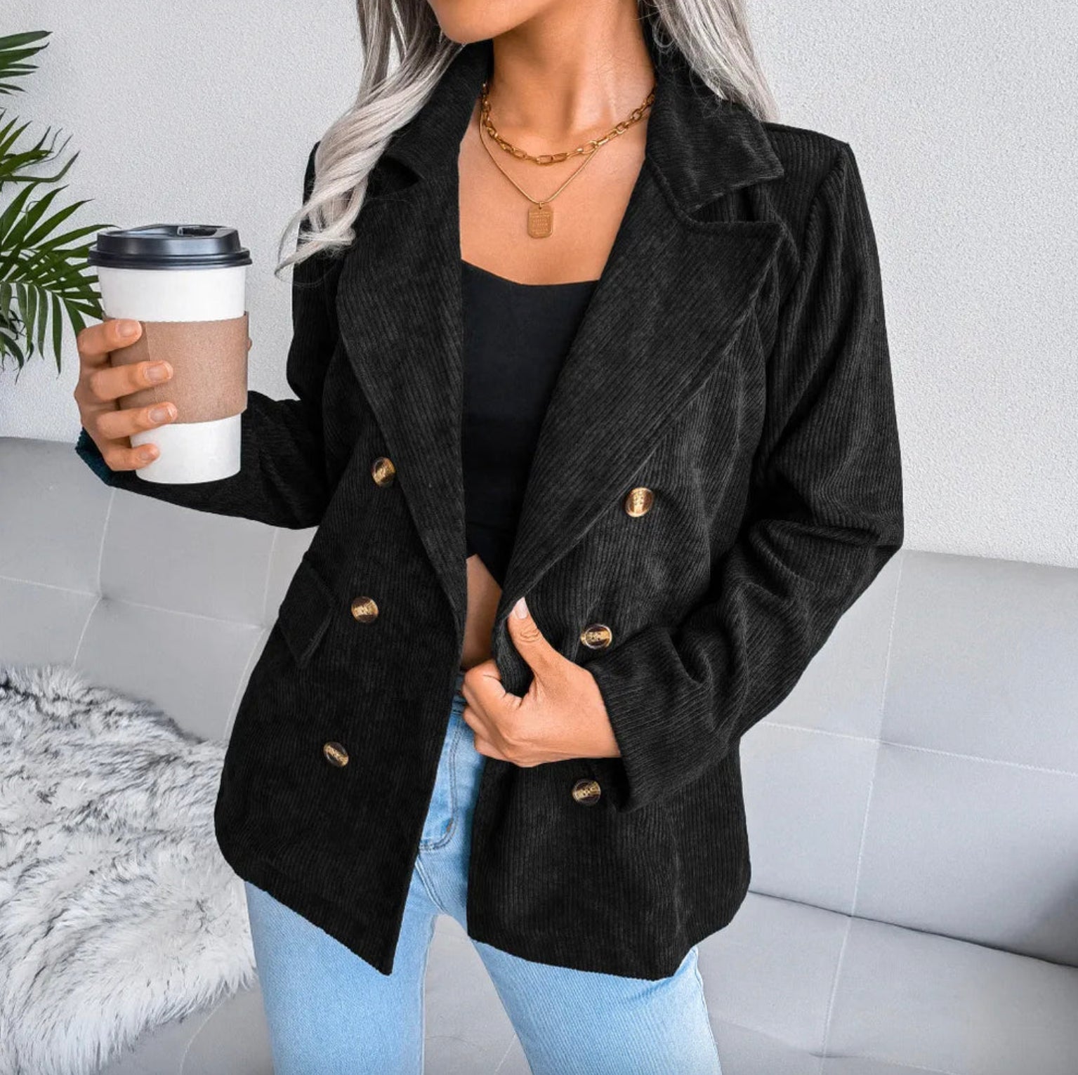 Blazer Homme en Velours Côtelé Noir à Double Boutonnage – Élégant et Décontracté pour Toutes Occasions