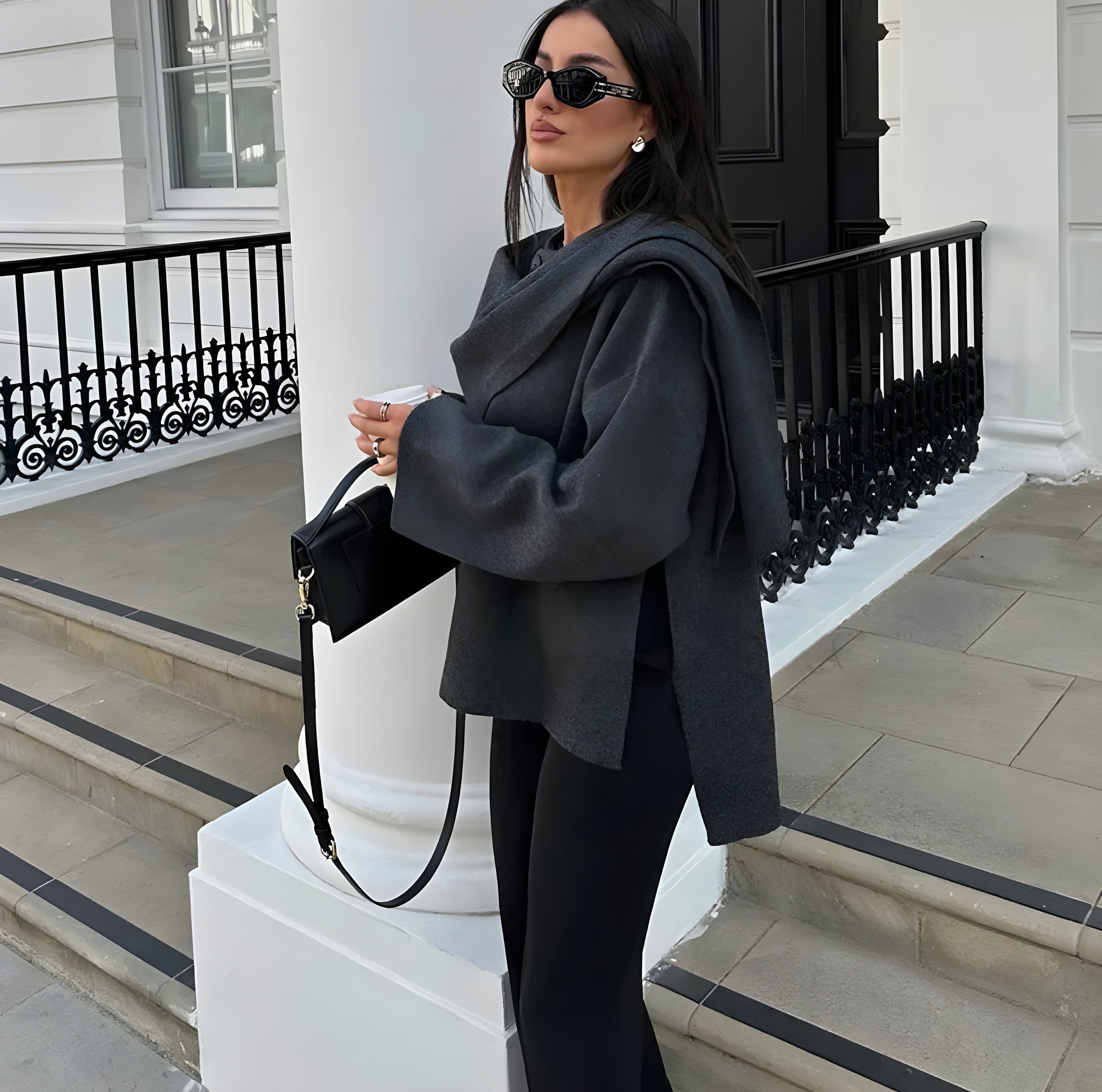 Manteau Hiver Femme Gris Taille M Laine Écharpe Intégrée