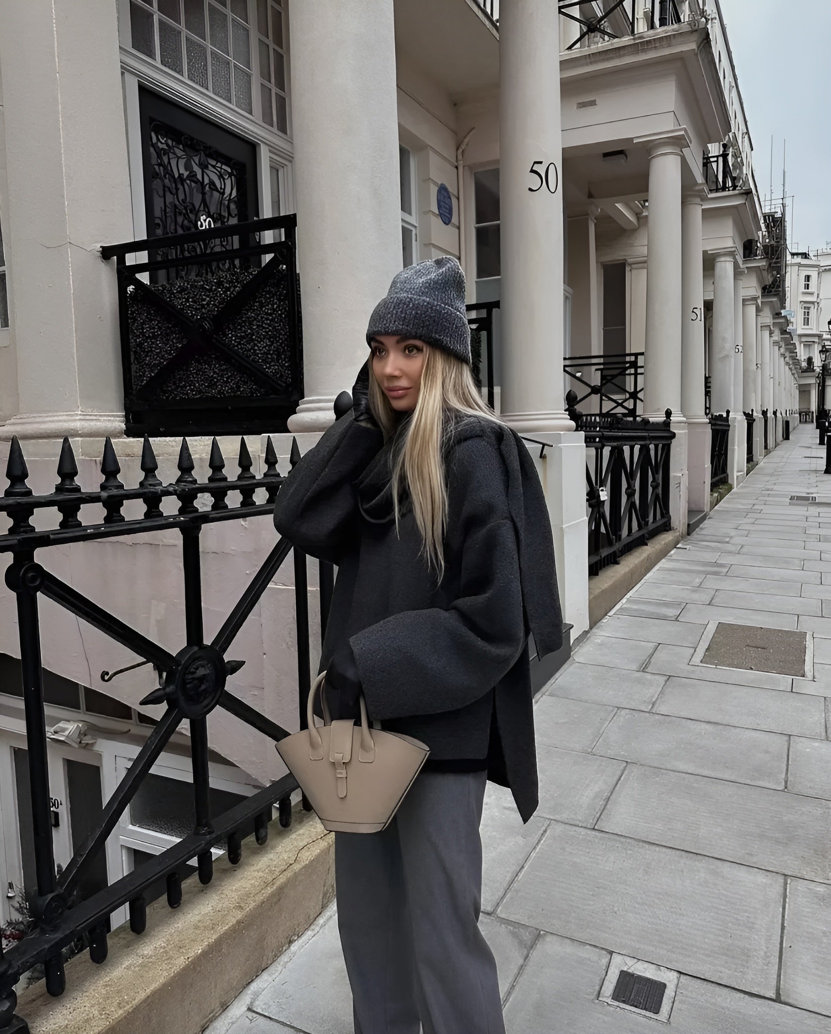 Manteau Hiver Femme Gris Taille M Laine Écharpe Intégrée
