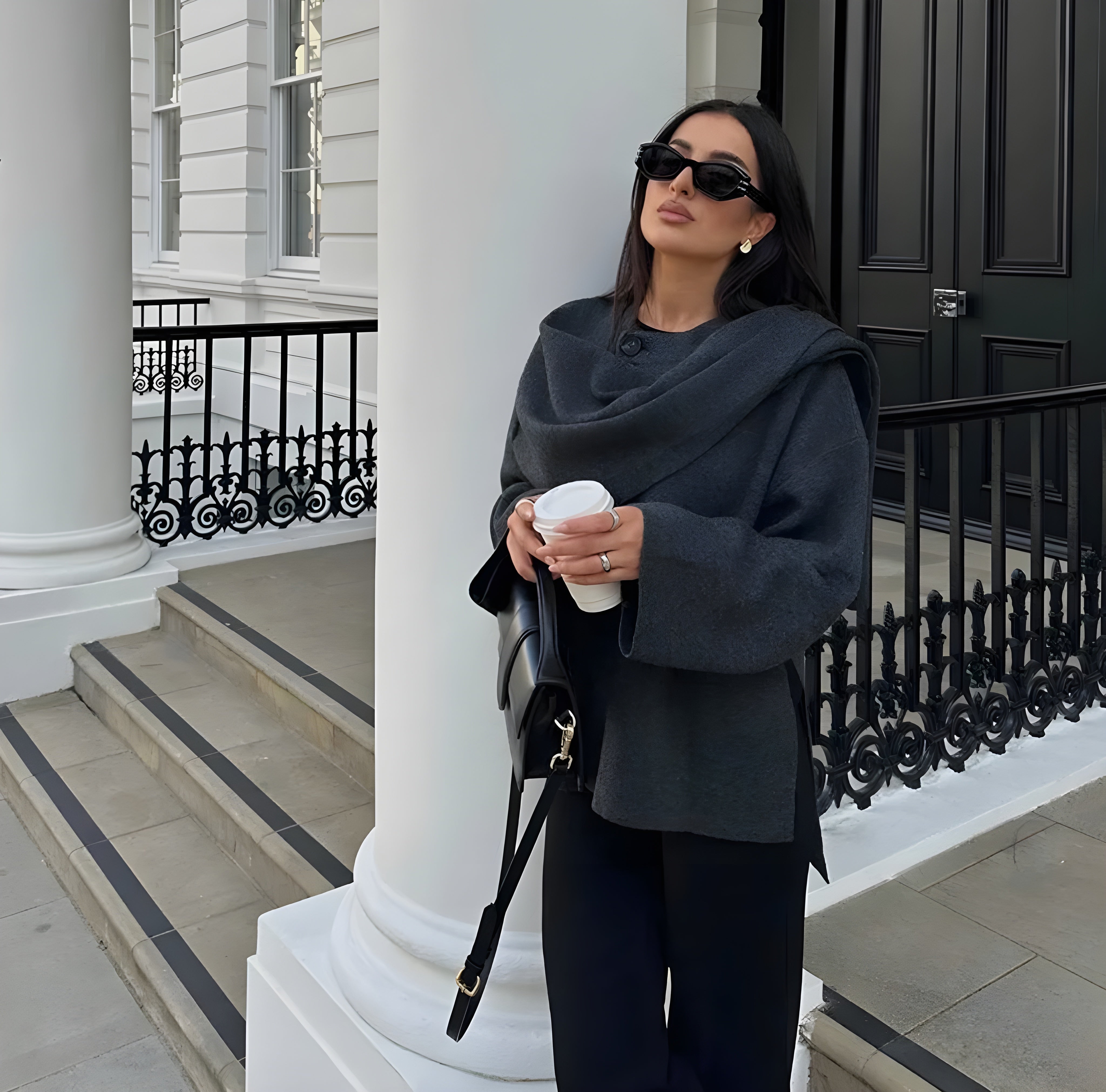 Manteau Hiver Femme Gris Taille M Laine Écharpe Intégrée