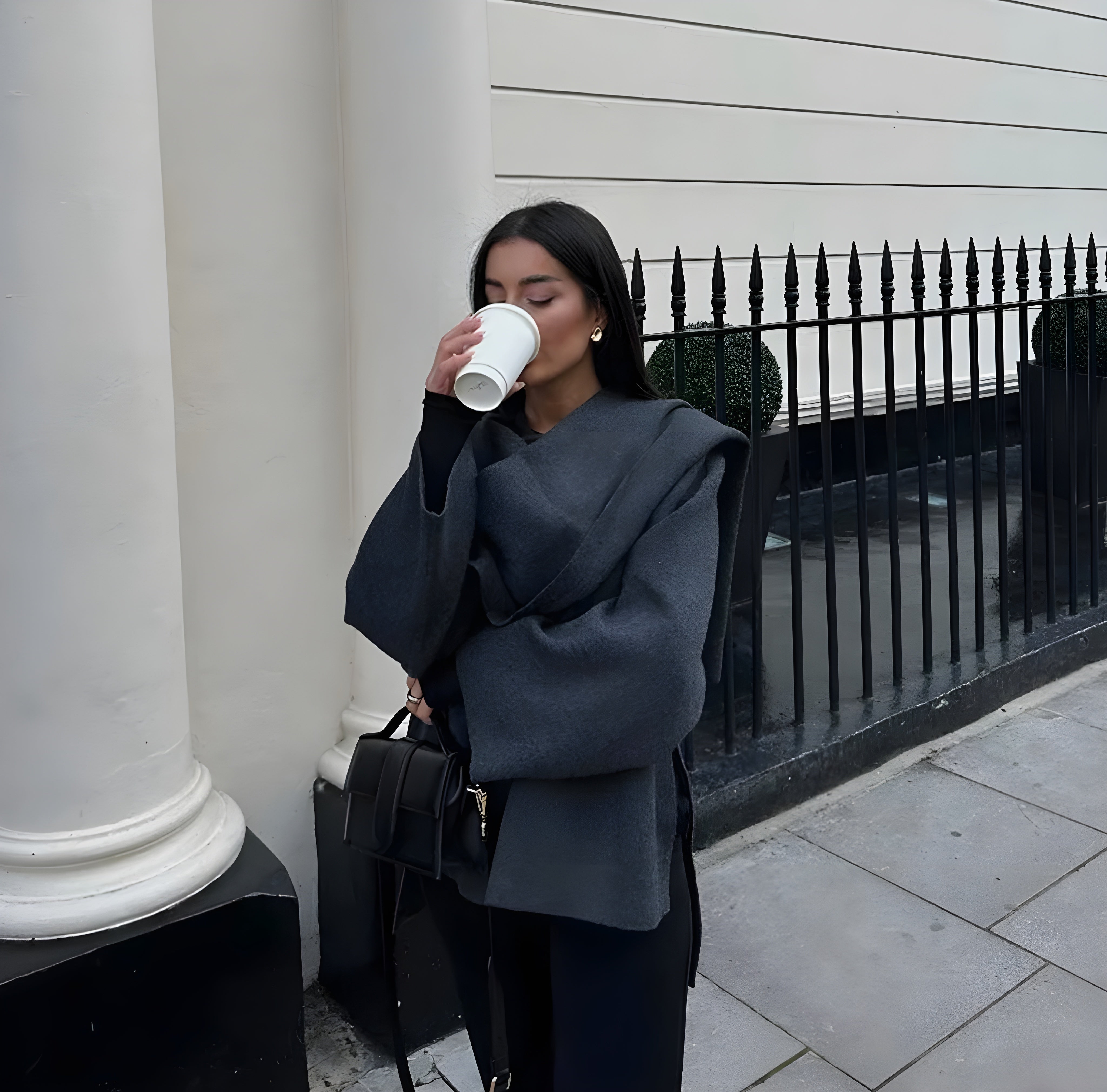 Manteau Hiver Femme Gris Taille M Laine Écharpe Intégrée