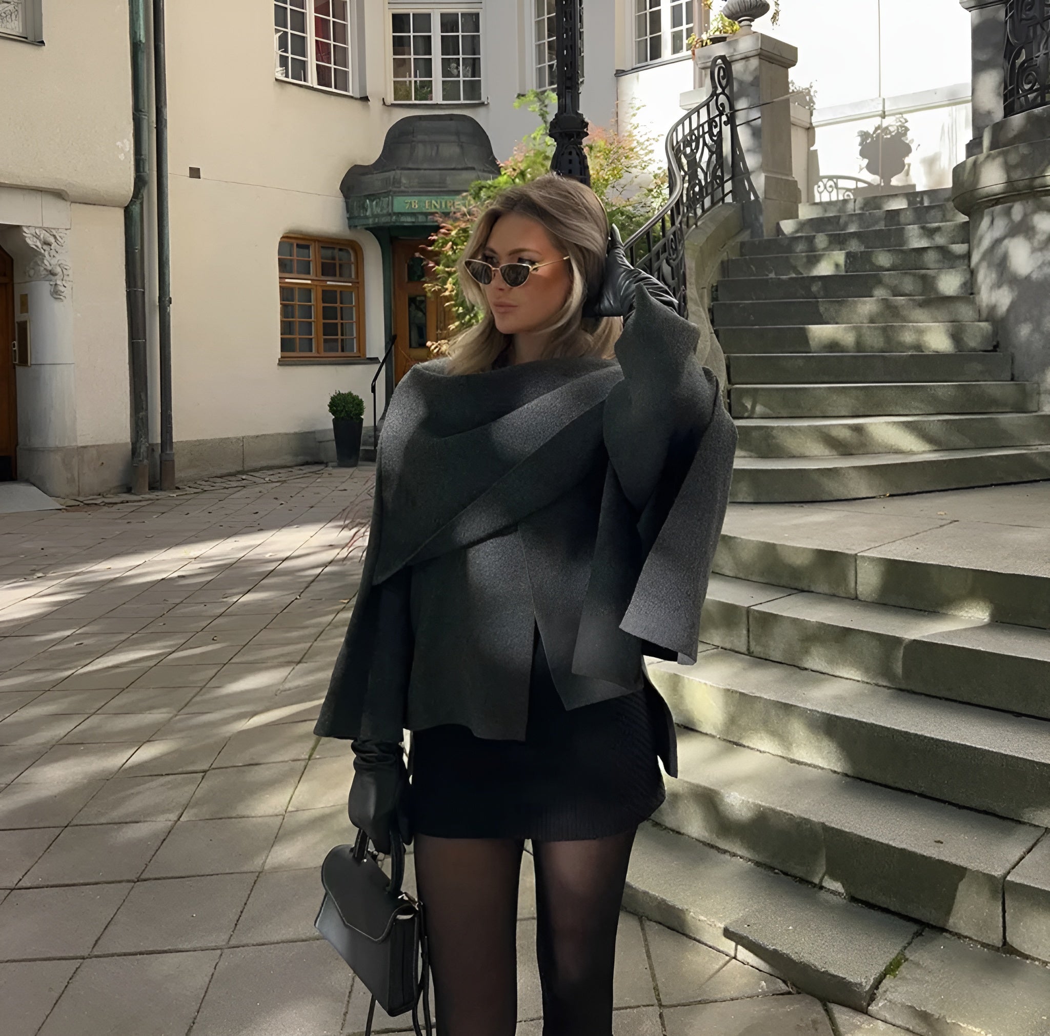Manteau Hiver Femme Gris Taille M Laine Écharpe Intégrée