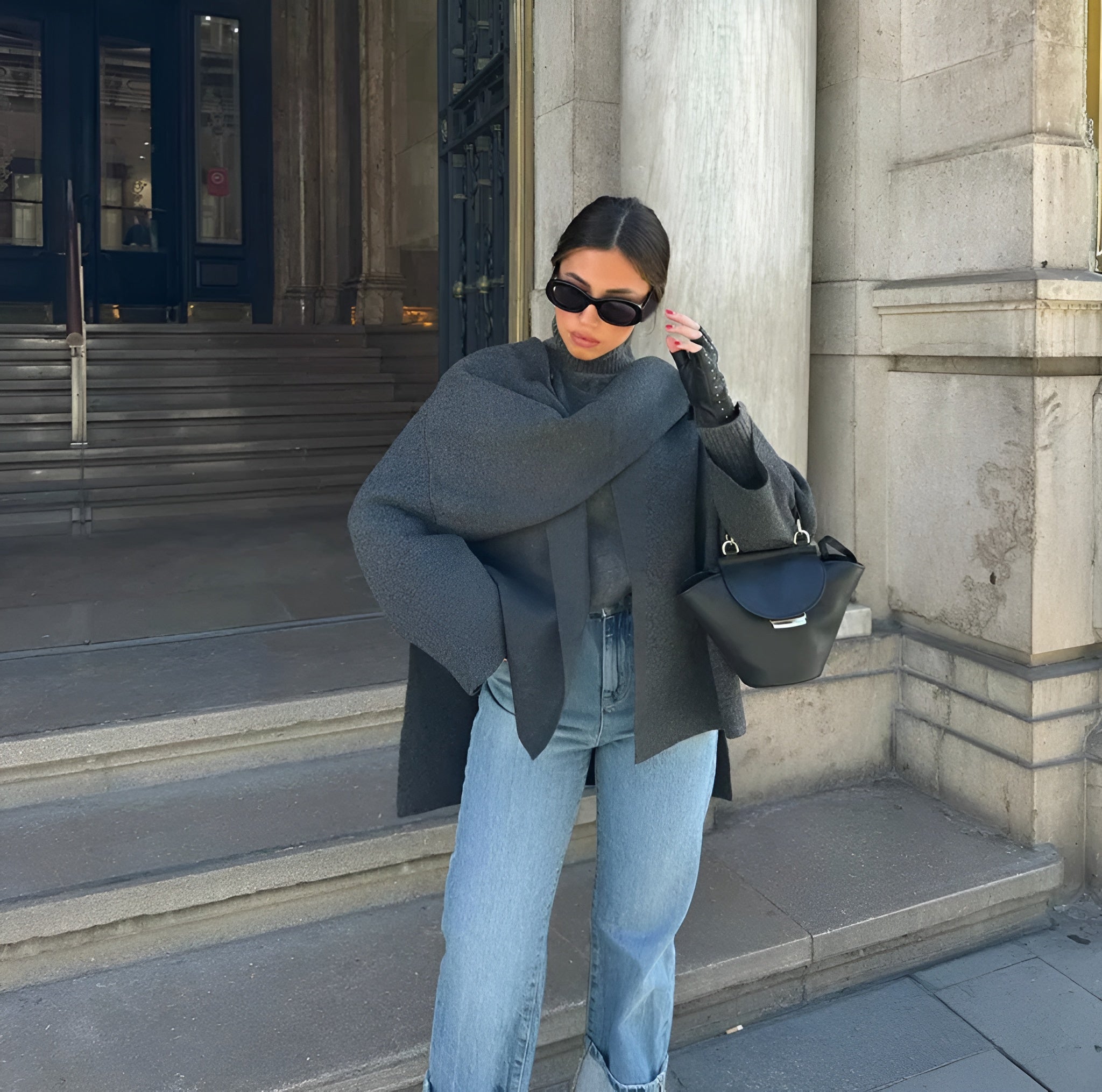 Manteau Hiver Femme Gris Taille M Laine Écharpe Intégrée