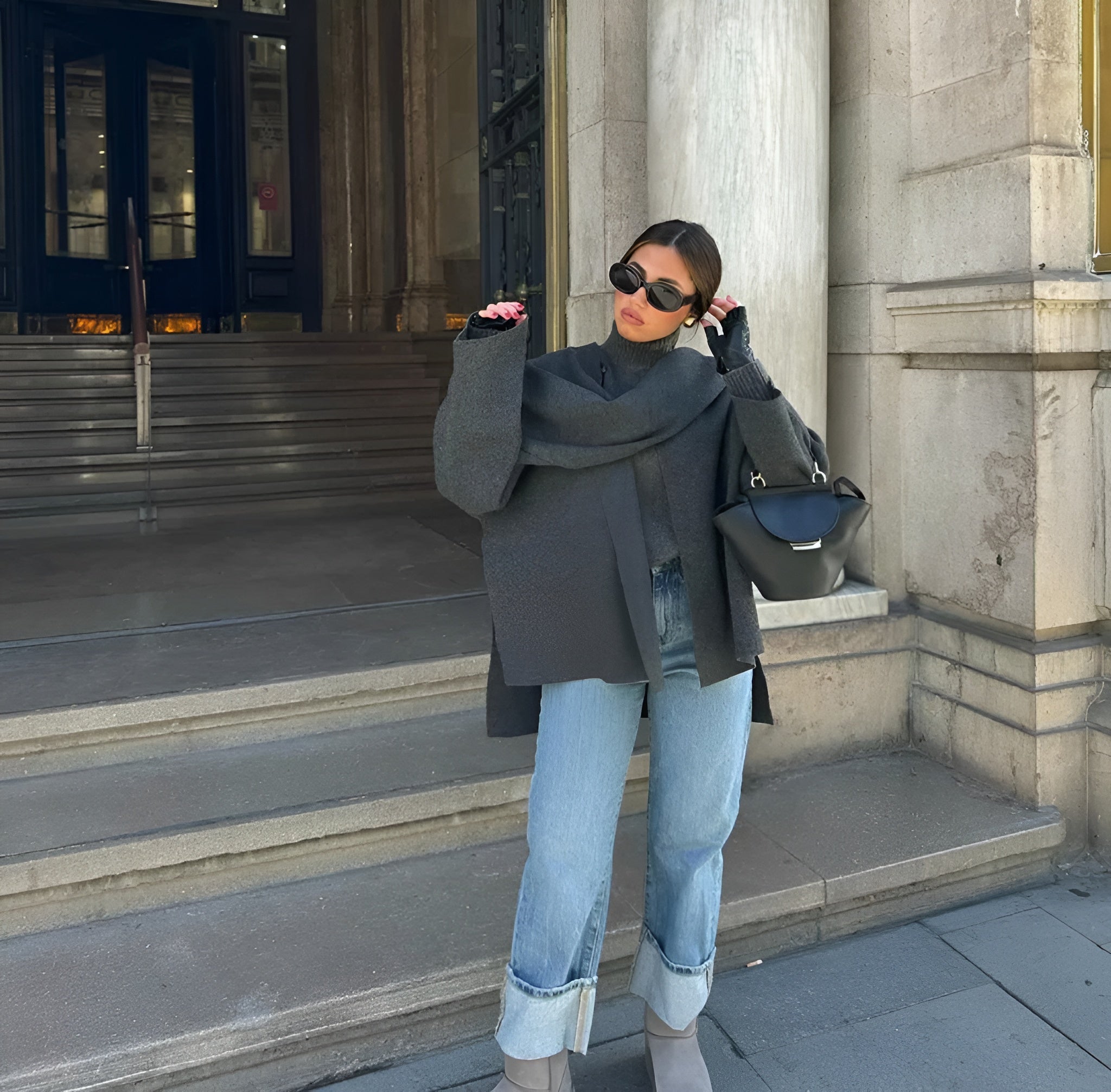 Manteau Hiver Femme Gris Taille M Laine Écharpe Intégrée