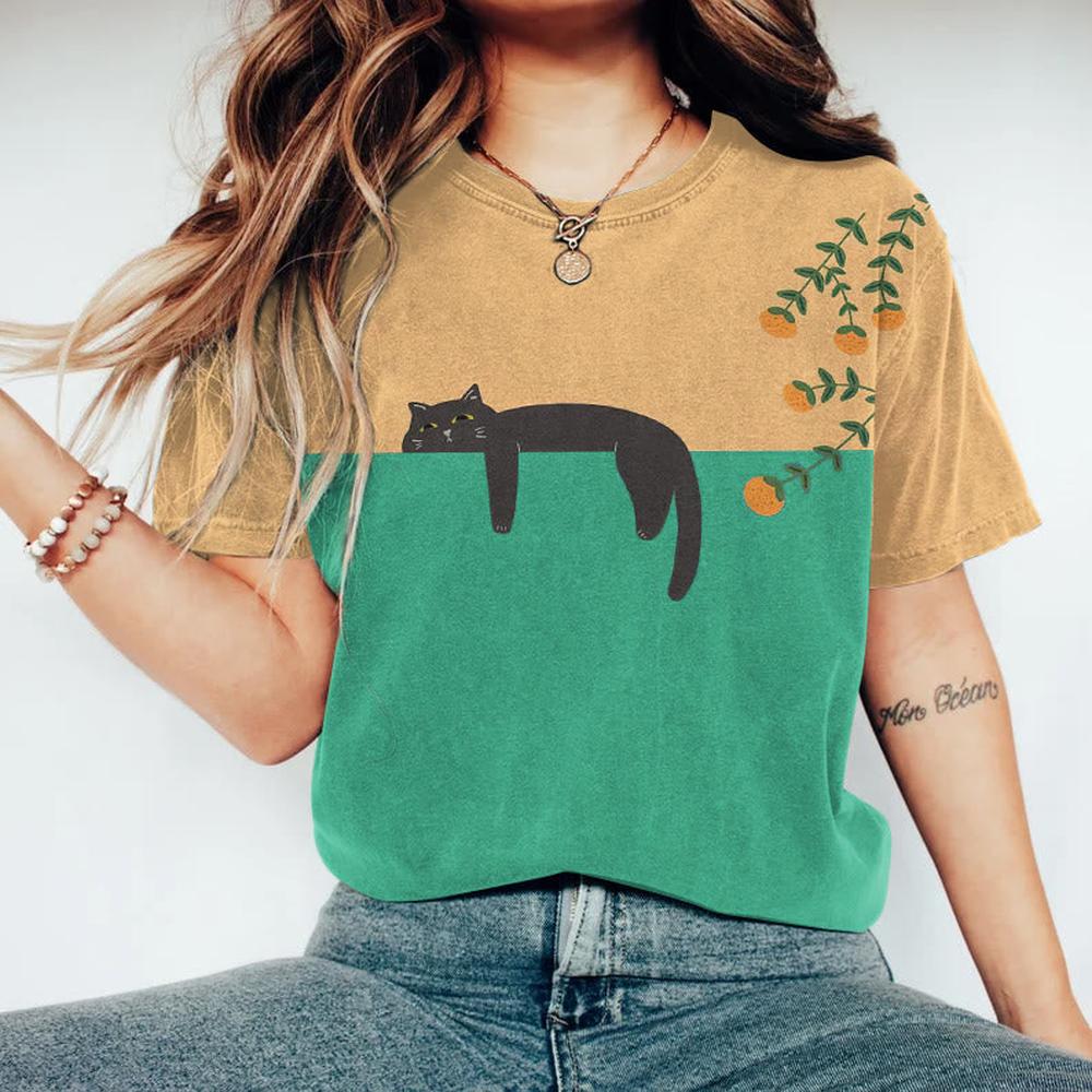 Tee Shirt Femme Décontracté Imprimé Chat Noir en Coton Doux – Style Bicolore, Coupe Ample, Idéal pour le Quotidien