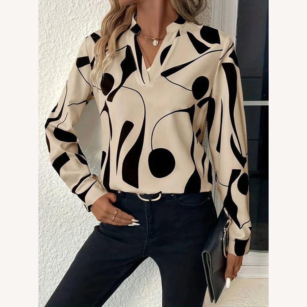 Blouse Femme Élégante à Imprimé Abstrait - Manches Longues, Col Fendu, Tissu Léger et Doux