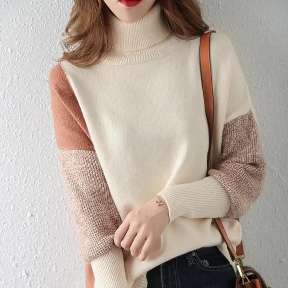 Pull Femme Col Roulé Color Block Douillet en Maille – Chic et Moderne pour un Style Décontracté