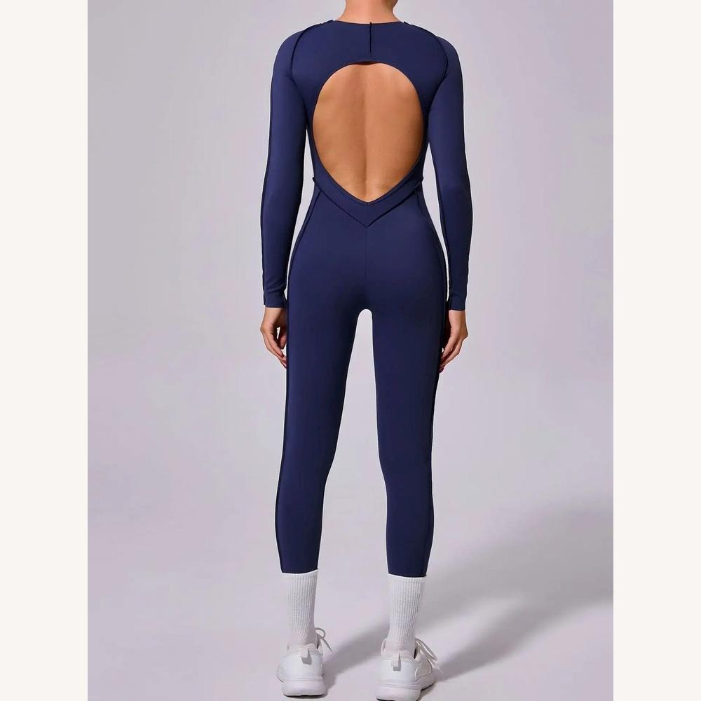 Women's Chic Sculpting Jumpsuit with Long Sleeves and Open Back - Stretchy and Comfortable Fabric
