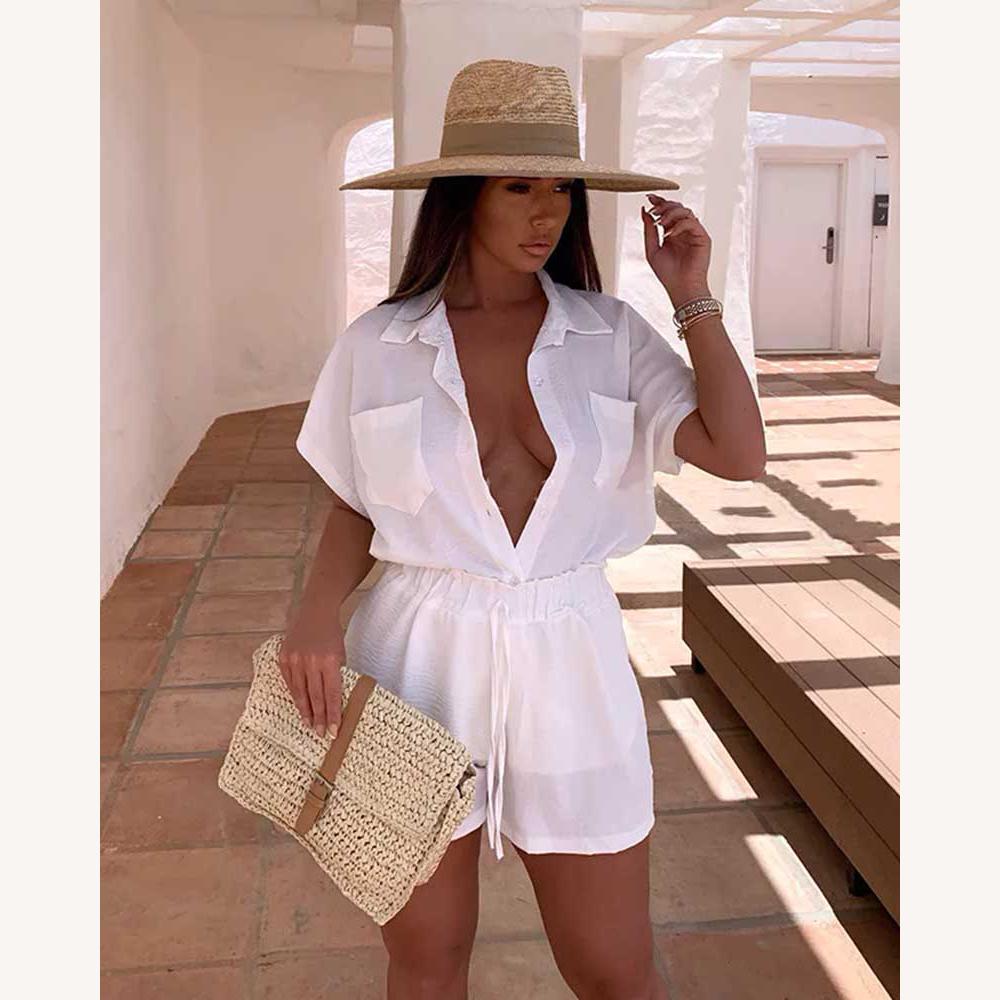 Combinaison Femme Chic Chemise à Manches Courtes Blanc, Légère et Élégante avec Ceinture Ajustable pour l'Été