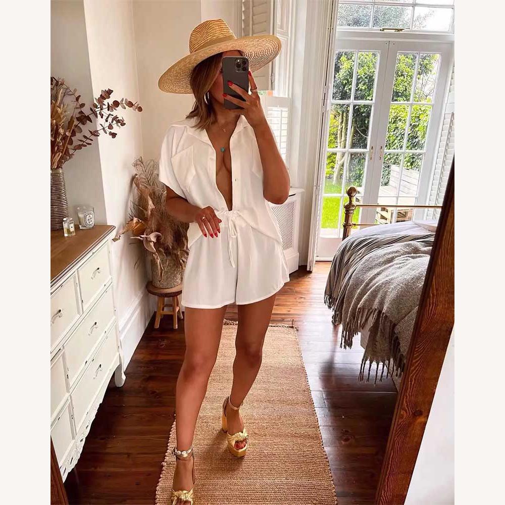 Combinaison Femme Chic Chemise à Manches Courtes Blanc, Légère et Élégante avec Ceinture Ajustable pour l'Été