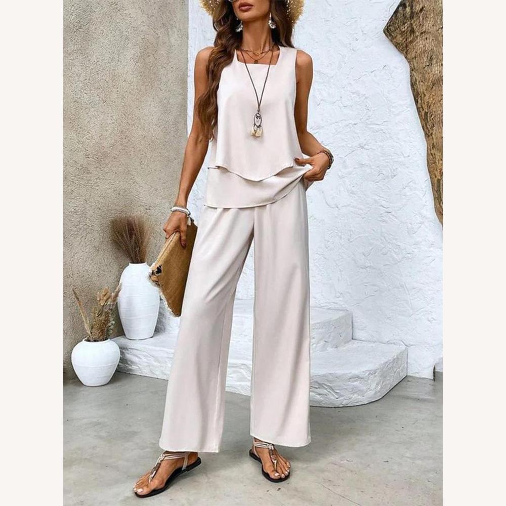 Ensemble Deux Pièces Femme Élégant en Tissu Léger – Top Sans Manches et Pantalon Large pour Été
