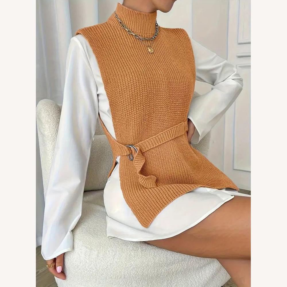 Variant image for Pull Femme Sans Manches Col Roulé en Maille Côtelée – Élégant et Chaud pour Superposition, Taille S à XL-13