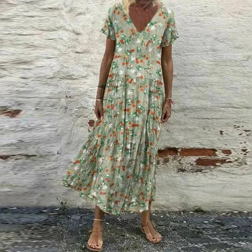 Robe d'Été Femme à Fleurs - Encolure en V, Manches Courtes, Coton et Rayonne, Chic et Confortable