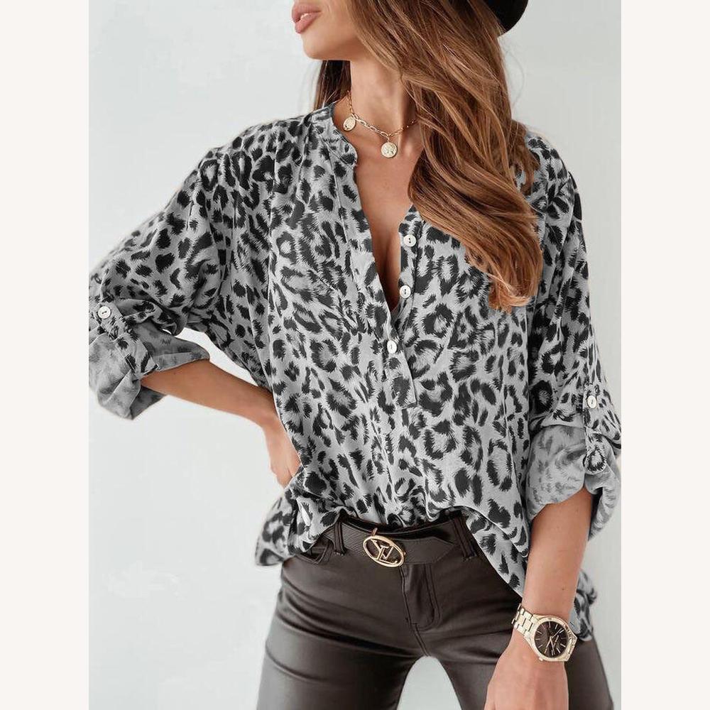 Chic Leopard Print Women's Blouse with Roll-Up Sleeves – Lightweight and Versatile Fabric