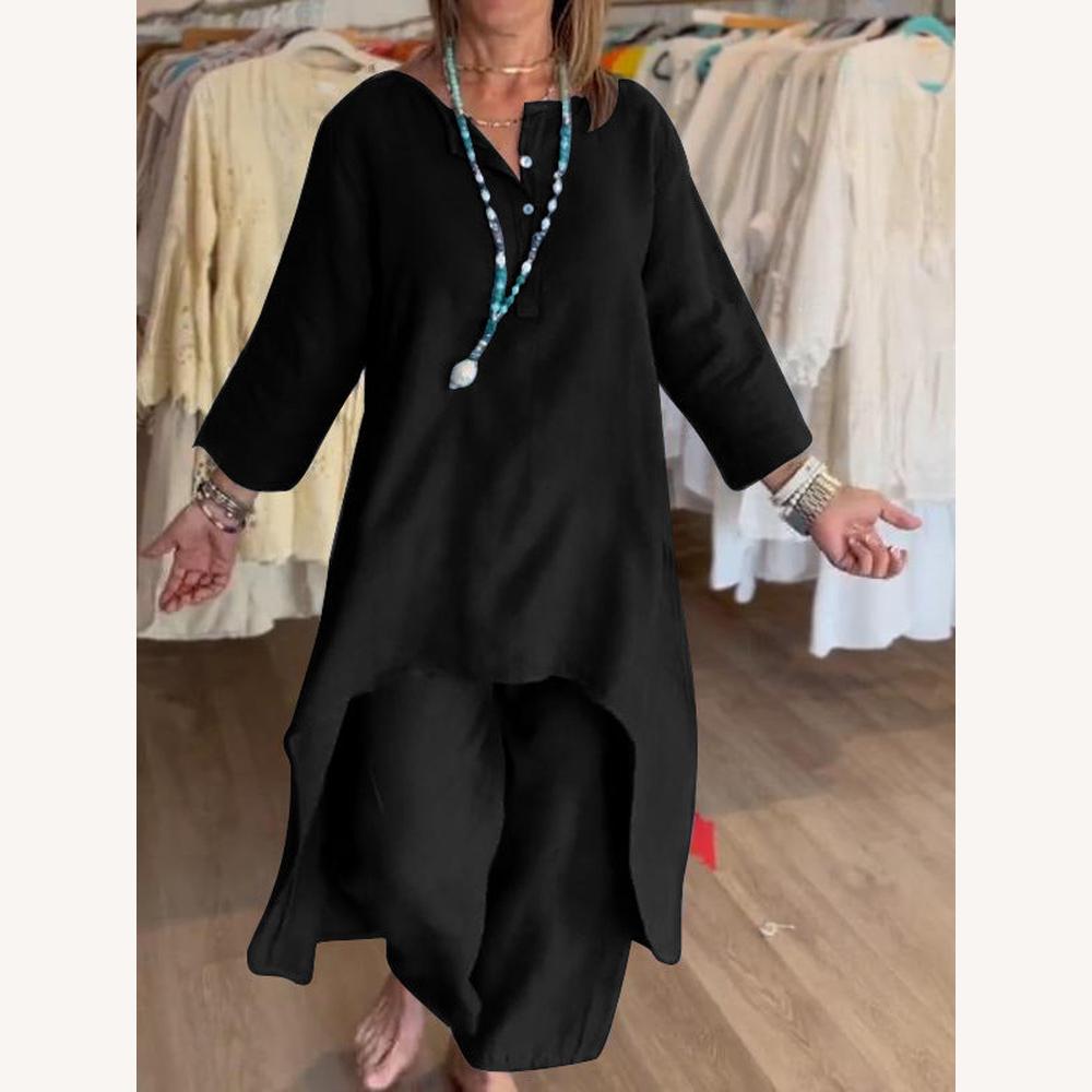 Ensemble Tailleur Femme en Lin Léger avec Tunique Asymétrique et Pantalon Ample – Idéal pour l'Été