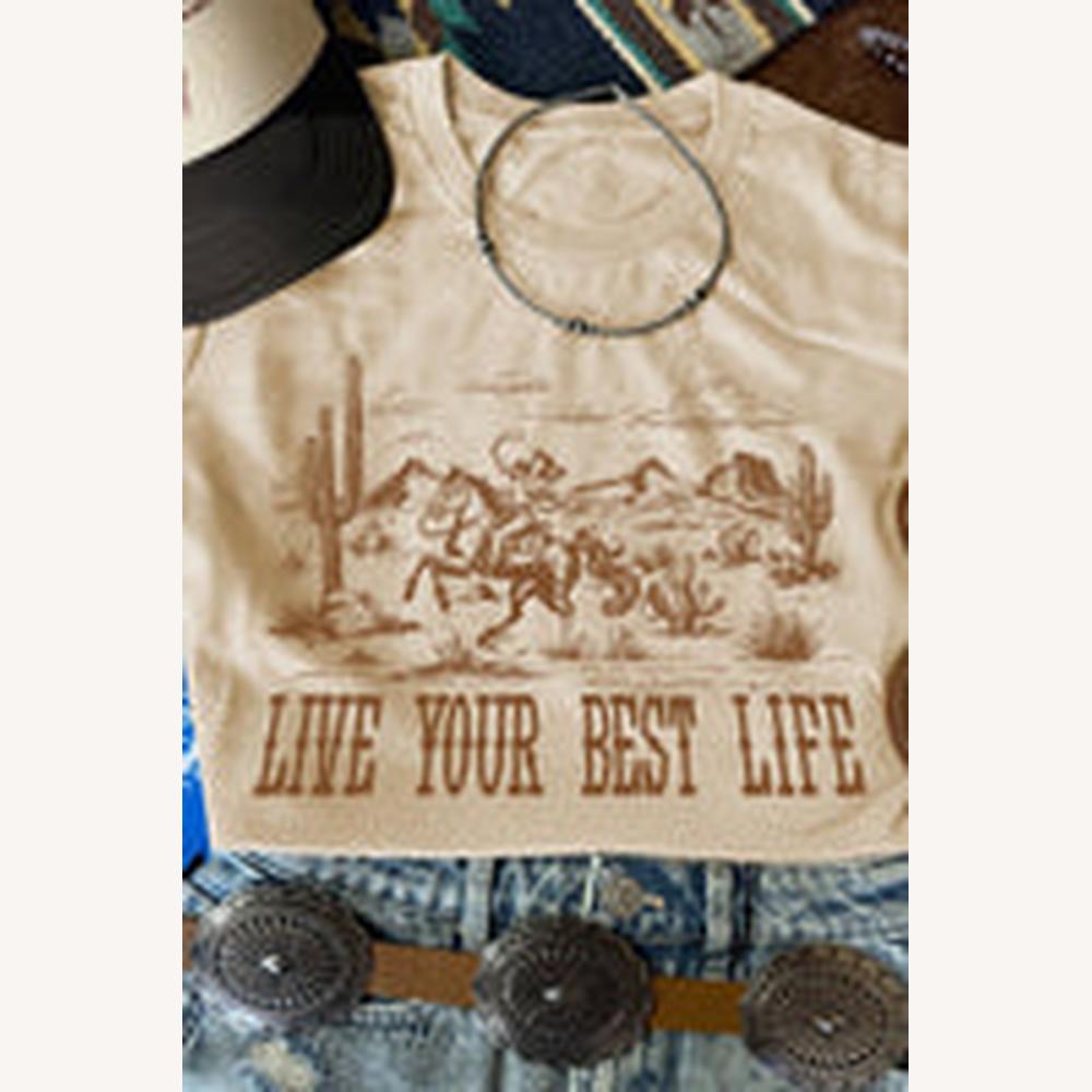Tee Shirt Femme Beige Graphique Live Your Best Life – Style Western Décontracté en Coton, Col Rond, Tailles S à XL
