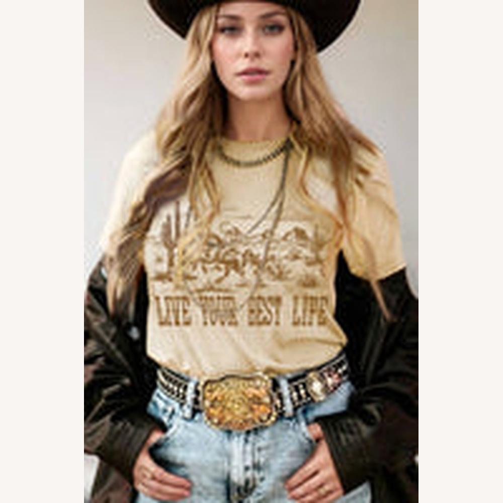 Tee Shirt Femme Beige Graphique Live Your Best Life – Style Western Décontracté en Coton, Col Rond, Tailles S à XL