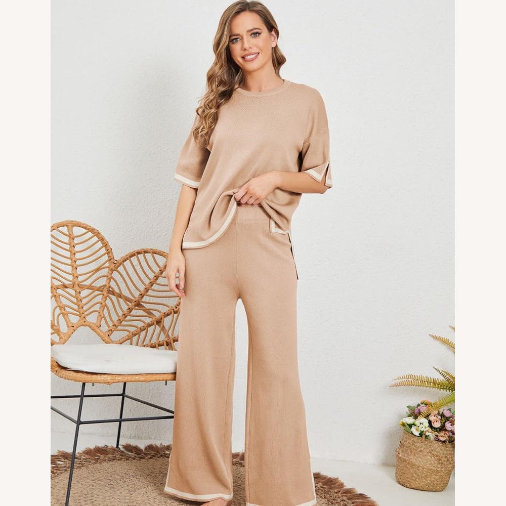 Ensemble Loungewear Élégant en Maille – Haut à Manches Longues et Pantalon Ample Confortable en Polyester