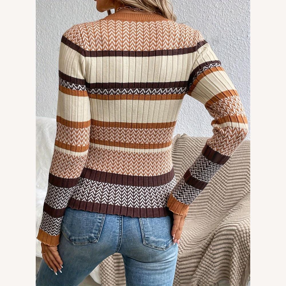 Women's Ribbed Striped Sweater Soft and Stretchy – Round Neck, Long Sleeves, Ideal for Autumn and Winter