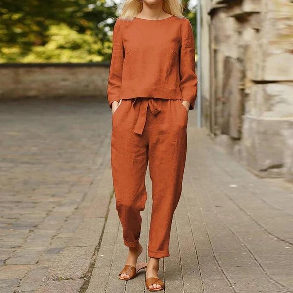 Variant image for Ensemble Tailleur Femme en Lin Léger - Haut à Manches Longues et Pantalon Taille Haute Chic et Décontracté-15