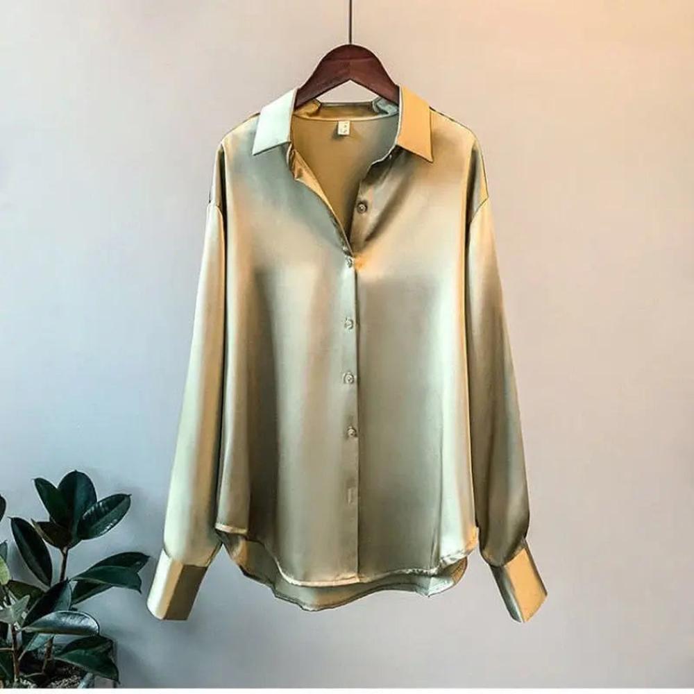 Elegant Women's White Silk Satin Blouse with Long Sleeves and Classic Collar - Chic Blouse for All Occasions