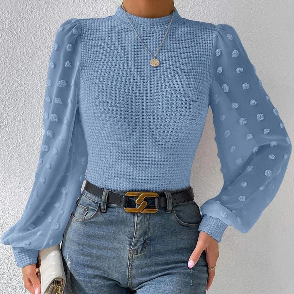 Top en Maille Texturée pour Femmes avec Manches Bouffantes en Tulle Transparent – Élégance Romantique, Ajusté et Confortable