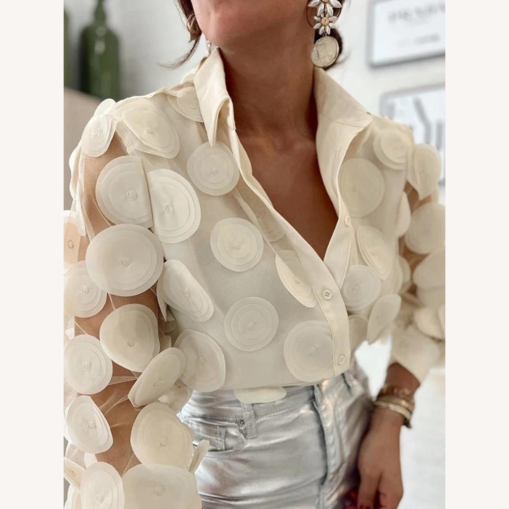 Chemisier Femme Transparent Brodé avec Appliqués 3D – Élégance Chic et Moderne