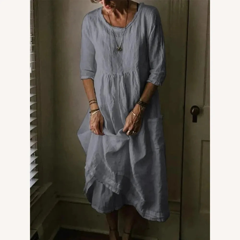 Robe Longue Femme à Col Ras du Cou en Lin Mélangé, Élégante et Confortable, Manches 3/4 – Idéale pour Printemps et Été