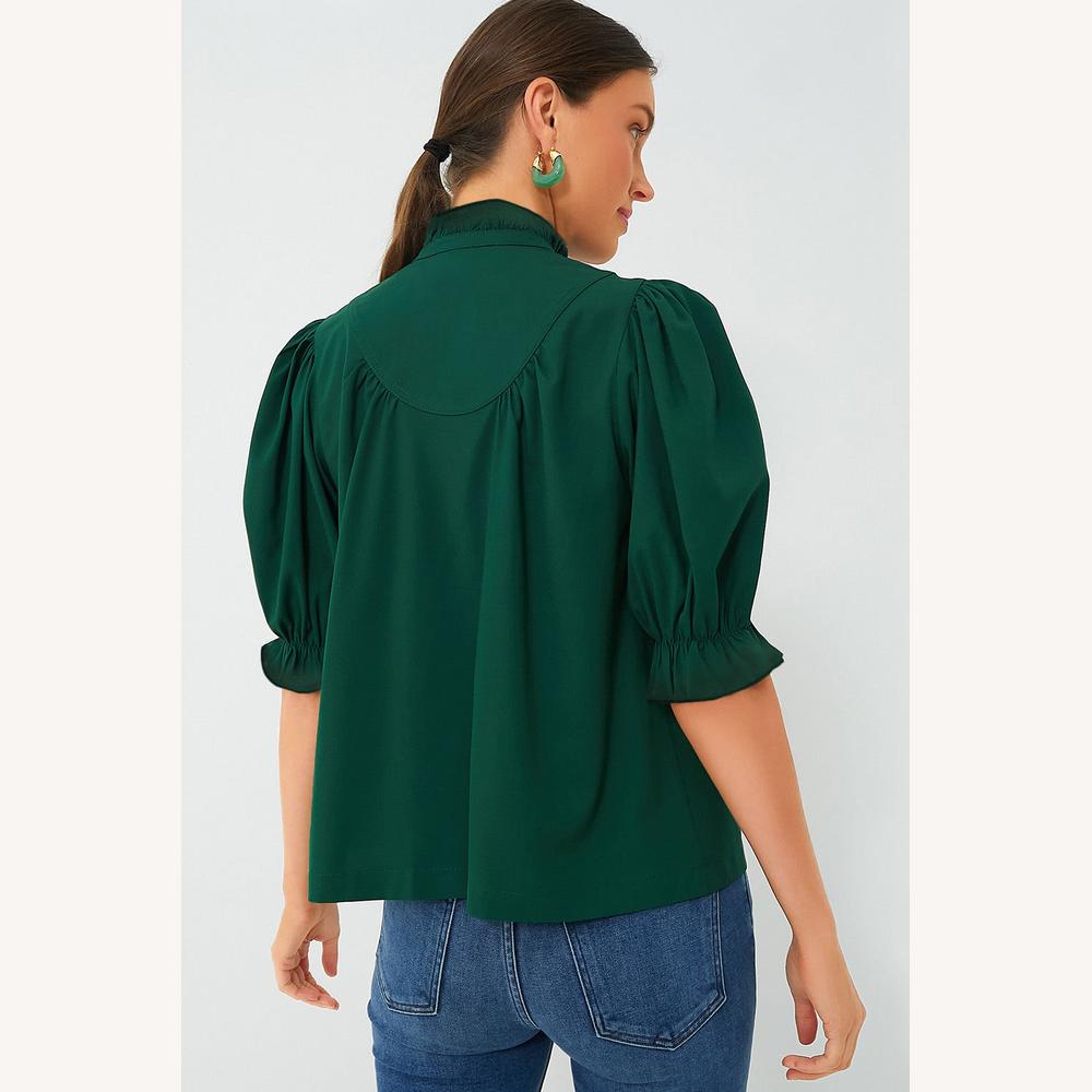 Blouse Femme Élégante à Volants Vert Foncé, Manches Bouffantes, Col Montant, Coupe Ajustée