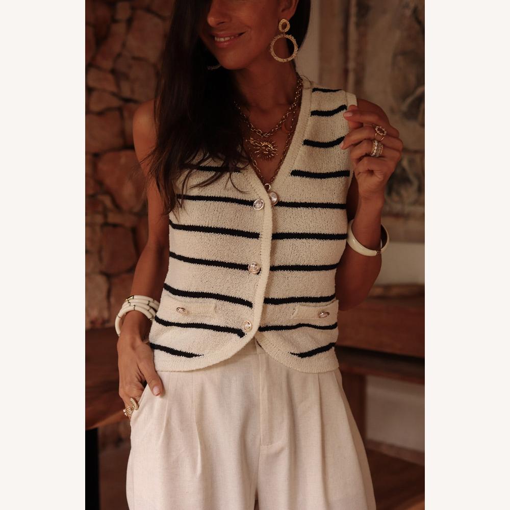 Gilet Sans Manche Femme Rayé Crème et Noir avec Boutons Dorés – Élégance Nautique en Maille Acrylique